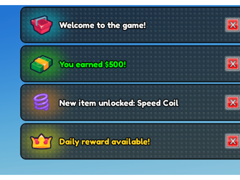 Notification banners for welcome, earnings, unlocks, and daily rewards