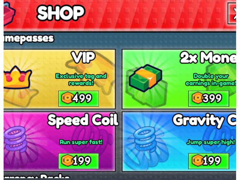 Gamepass shop with VIP, 2x Money, Speed Coil, and Gravity Coil