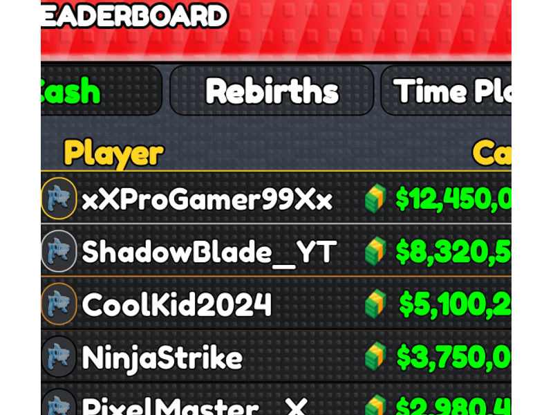 Leaderboard with cash, rebirths, and time played columns