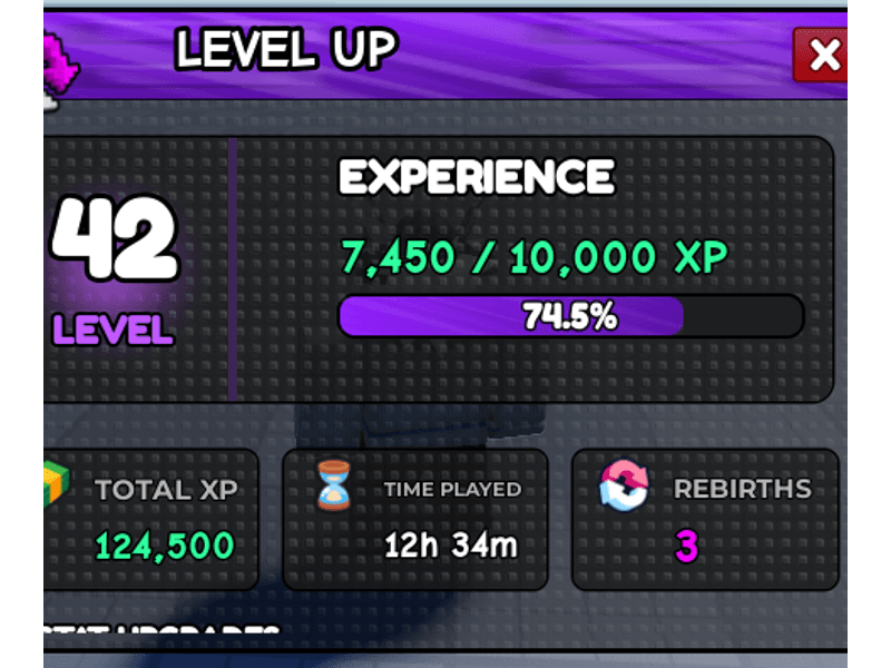 Level up screen with XP bar, total stats, and rebirths