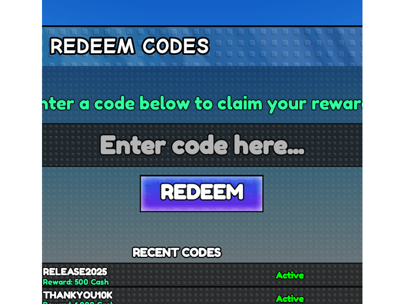 Redeem codes dialog with input, submit, and recent codes list