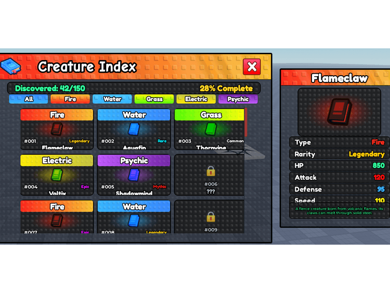 Creature index with type filters, grid view, and detail panel